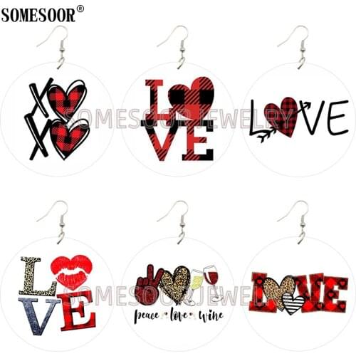 SOMESOOR Jewelry Valentines Day Love Tokens Wood Both Sides Printing Dangle Drop Cute Fashion Earrrings For Women Gifts
