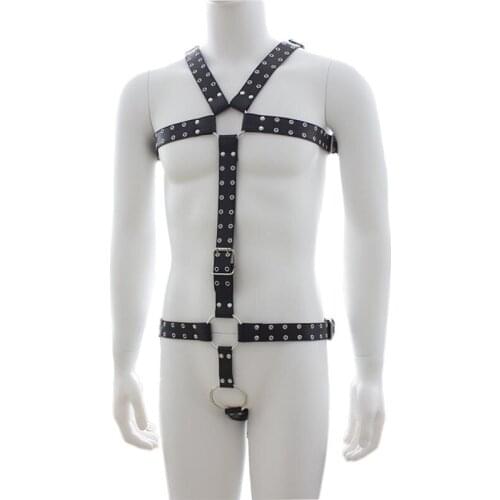 Heavy Duty Men Faux Leather Full Body Harness Belt with Penis Ring Fetish Restraint Costume
