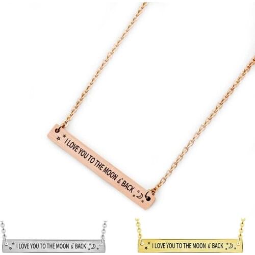 Charms Engraved I Love You To The Moon & Back Horizontal Long Bar Pendant Necklace Women Choker Stainless Steel Chain Collares