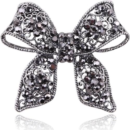 Black Gun Plated Simulated Pearl Brooch Pins Bow Jewelry Vintage Rhinestones Bowknot Brooches for Women Gift