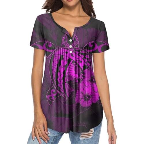 HYCOOL Purple Polynesian Sea Turtle Tattoo Women Short Sleeve Button Down Shirt Home Casual Ladies Tops Women Plus Size Blouse