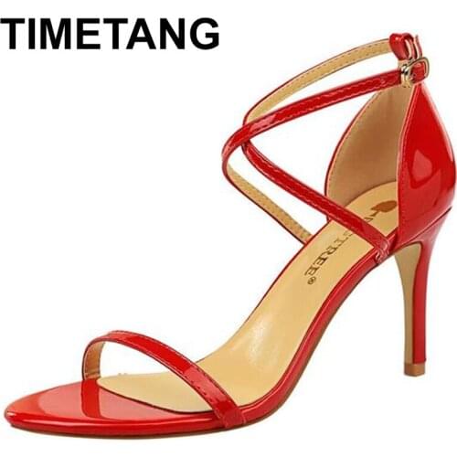 TIMETANGLeather Cross Buckle Sandals High Stiletto Heels Party Office Casual High Heel Shoes Women Summer Stylish Pumps 8 CM