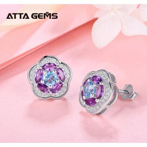 Natural Amethyst Sterling Silver Women Stud Earrings Faced 2.8 Carats Natural Amethyst Gemstone Romantic Style Lovely for Ladies