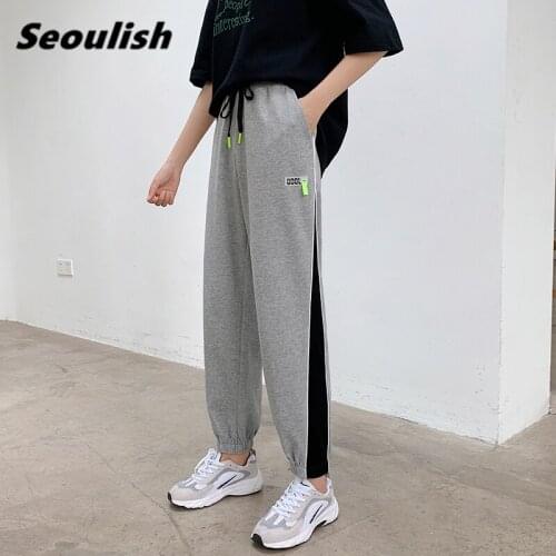 Seoulish New 2021 Spring Summer Women Harem Sweetpants Patchwork Drawing High Waist Casual Loose Joggers Lace Up Female Trouses