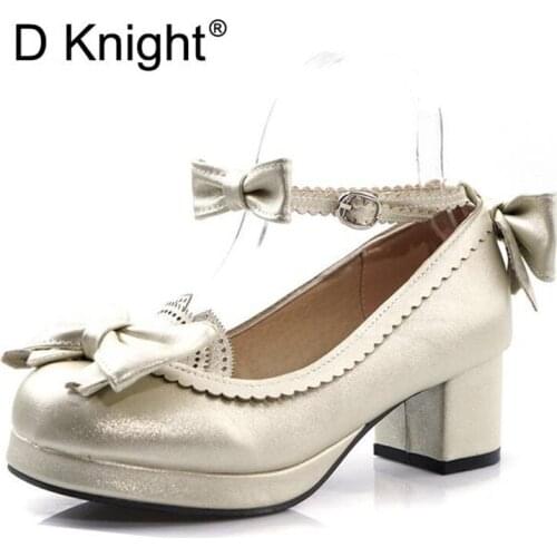 Size 30-48 Harajuku Women Shoes Korean New Cute Female Pumps Heavy-bottomed Ladies Shoes Bow Love Princess Cosplay Shoes Woman