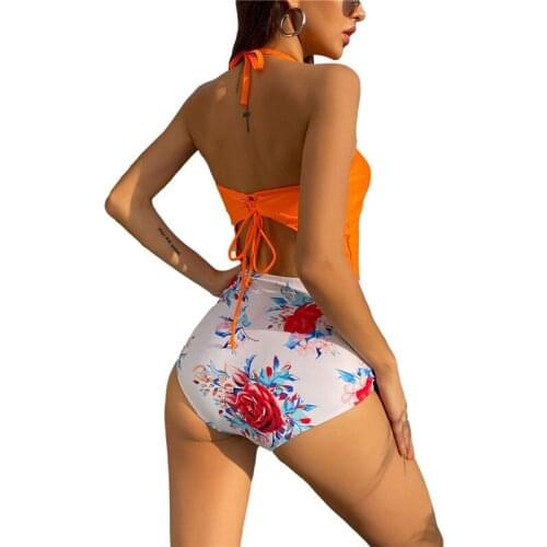 Xingqing Women Swimsuit Stripe/ Floral Printed Pattern One-piece V-neck Sleeveless Swimwear Backless Hollow Out Bathing Suits