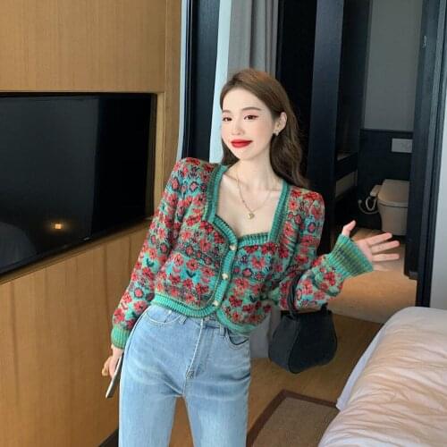 Heydress New Slim Vintage Square Neck Cardigan Short Coat Floral Embroidery Sweaters Fashion Temperament Chic Pull Femme Korean