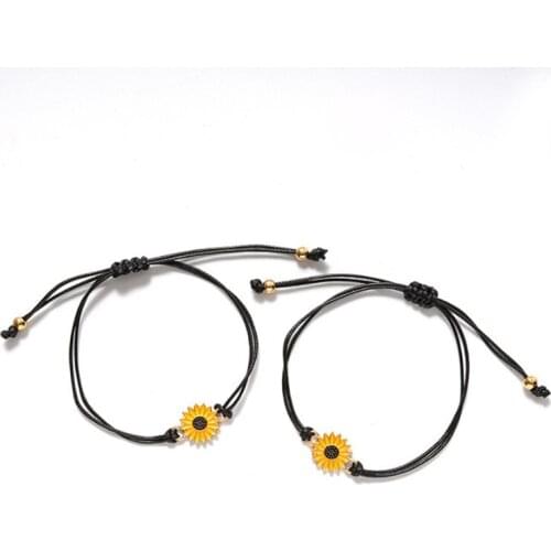 2Pcsset Friends Bracelet Cute Sunflower Charms Braided Bracelet For Women Child Adjustable Rope Chain Wristband Jewelry Gift