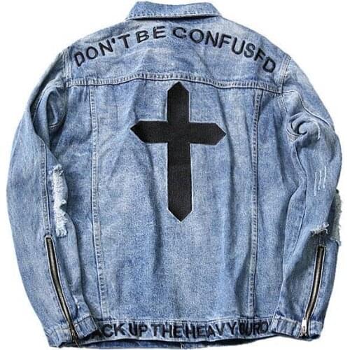 2021 Loose Denim Jacket distressed Jacket Letter Cross Print Plus Size Top Mens Korean Fashion Slim Fit Quality Mens Jackets