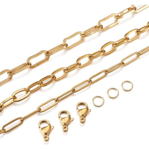 3m/set Golden Paperclip Chains Lobster Claw Clasps Jump Rings for DIY Stainless Steel Chain Necklaces Bracelets Jewelry Making