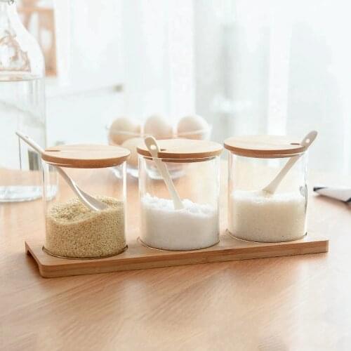 3Pcs/Set Glass Spice Jar With Spoon Spice Container Organizer Seasoning Cans Pepper Shaker Storage Box With Tray Kitchen