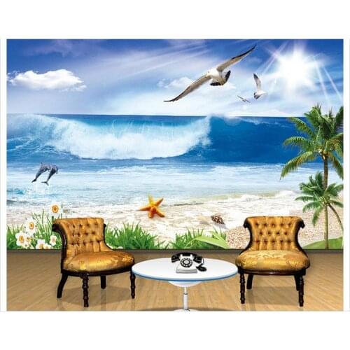 3d wallpaper custom 3d Mediterranea wallpaper Coconut palm beach dolphins gull landscape paintings 3d mural wallpaper decoration