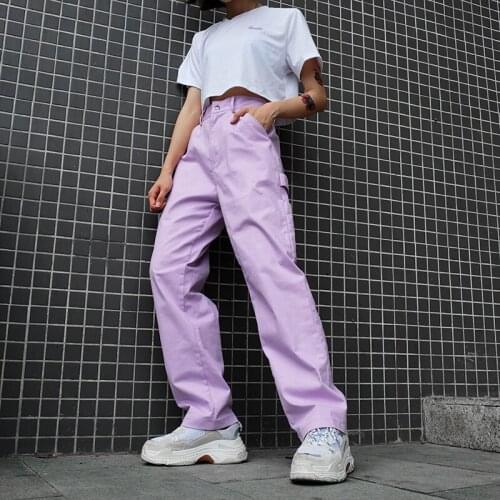 2020 Fashion Streetwear Stretch Cargo Pants Women Loose High Waist All-match Pants Cotton Purple Casual Length Trousers Female