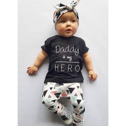 Summer Newborn Baby Girl Clothes Infant Black Short Sleeve Daddy is my Hero T-shirt+Pants+Headband 3Pcs Toddler Clothing Set