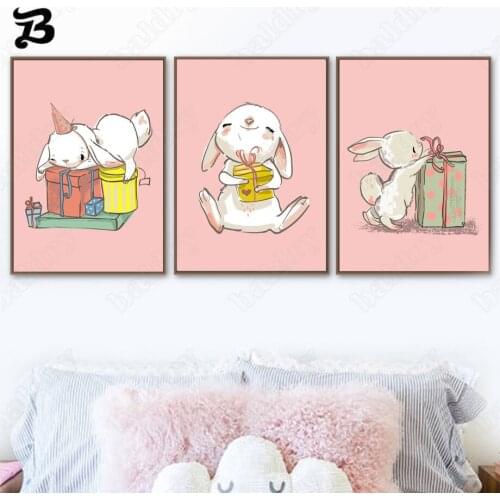 Canvas Painting for Living Room Pink Lovely Rabbit Holding A Gift Box Cartoon Animals Wall Art Posters and Prints Kid Room Decor