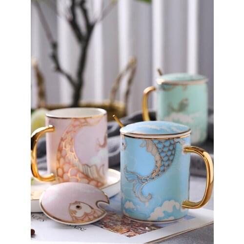 Ceramic Mug With Lid Spoon Fish Tail Couple Drinking Water Cups Tazas De Cafe Creative Milk Coffee Tea Cup Party Home Drinkware