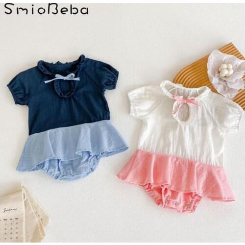 Ins 2021 Summer Girls Ear Edge Bodysuits Short Sleeve Skirt Khaki Cotton Baby One-piece Rompers Climbing Suit 0-3 Years Outfits