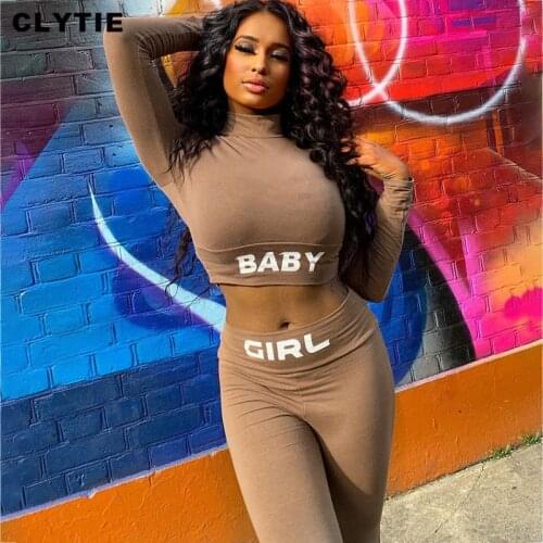 Clytie Letter Print Two Pieces Set Women Long Sleeve 2021 New Spring Women Sexy Casual Black Ladies 2 Piece Sets
