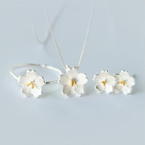 Everoyal Cute Blossoms Necklace Sets Jewelry For Women Fashion 925 Sterling Silver Bracelets Girls Rings Silver Accessories Lady