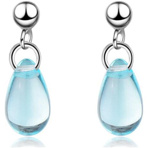New Arrival Sweet Temperament Fashion 925 Sterling Silver Jewelry Personality Blue Drop Shaped Crystal Dangle Earrings SE500