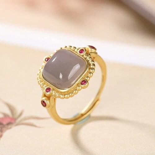 Original S925 Sterling Silver Natural Hetian Jade Smokey Violet High-End Ancient Style Classical Temperament Ladies Opening Ring