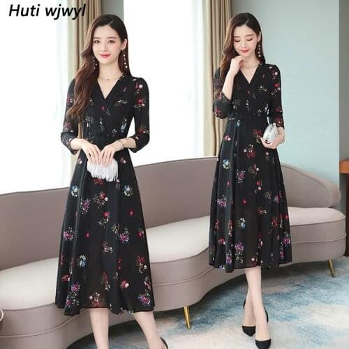 Autumn Winter Black Vintage Floral Chiffon Midi Dress Plus Size Boho Dresses 2021 Elegant Women Party Long Sleeve Maxi Vestidos