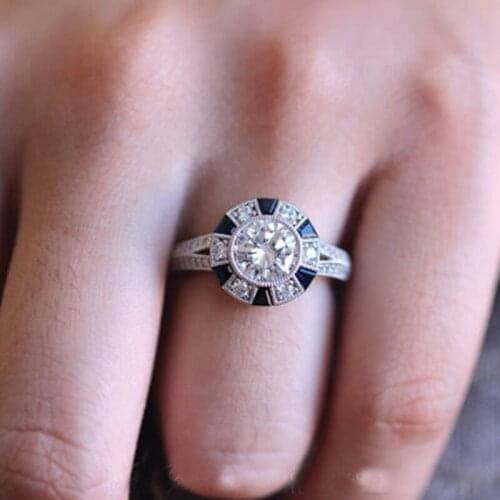 Sapphire Blue Stone Cut Diamond Women Ring Vintage Design Fashion Lady Luxury Inlaid Gemstone Female Jewelry Wedding Hot Rings