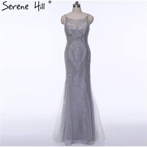Gray Dubai Rode De Soiree Illusion Evening Dresses 2020 New Luxury Crystal Beaded Mermaid Prom Dress Abendkleider BLA6178