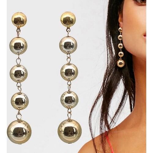 Punk Big Metal Ball Beads Long Drop Earrings For Women Statement Hanging Gold Color Beaded Dangle Earrings Fashion Party Jewelry