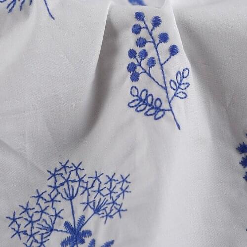 Blue and white flower embroidered cloth fabric plant embroidery IDY table cloth dress bag materials