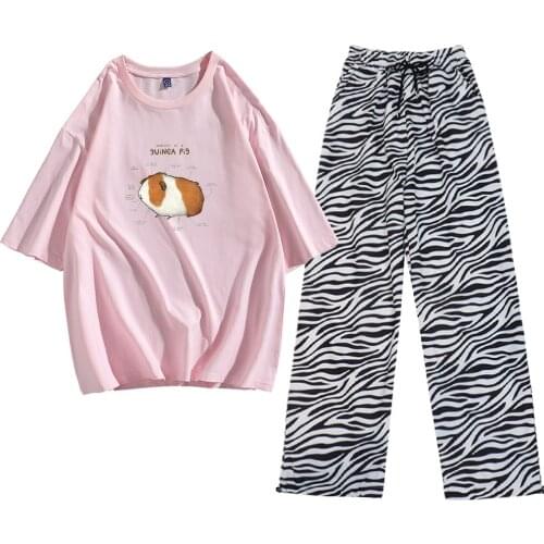 Sweat Girls Guinea Pig Print Shirt Cotton Joggers Casual Pants Trousers Half Sleeve Tees Cute Harajuku T Shirts Unisex Clothes