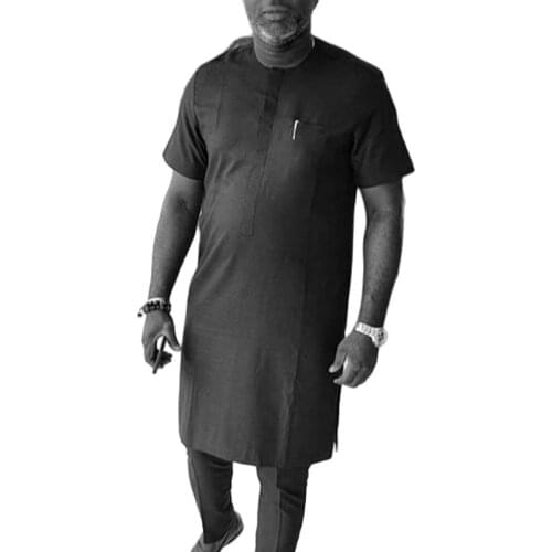 African Fashion Solid Black Short Sleeve Tops+Trousers Senator Suits Mens Outfits African Pant Sets Party Clothes