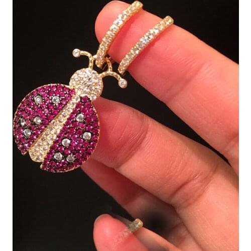 Top Quality Gold Color Gorgeous Asymmetric Drop Earrings Cute Purple Red Ladybug Pendant Earrings For Women Ins Jewelry