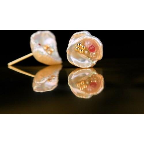 Trendy Handmade Natural Fresh Water Baroque Pearl Earrings Flower Women Stud Earrings Jewelry 925 Sterling Silver Pins