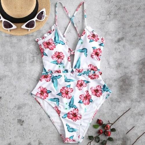 Cross suspender womens floral print bandage pleated one piece swimsuit pink bikini Junior Girl Series 2021Swimsuit Girl