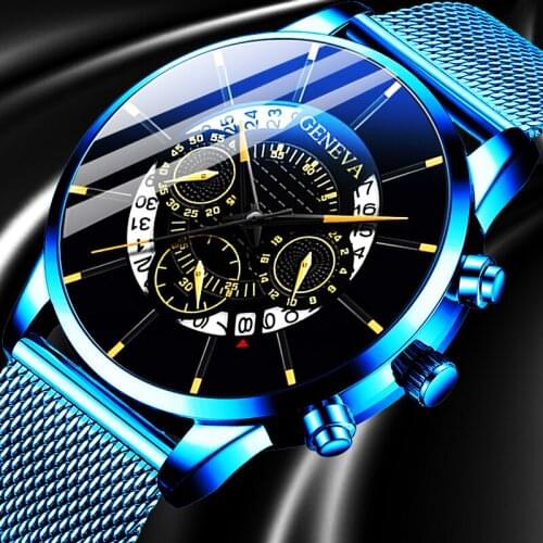 2020 Fashion Mens Business Casual Date Calendar Watches Luxury Blue Stainless Steel Mesh Belt Quartz Watch for Man Clock