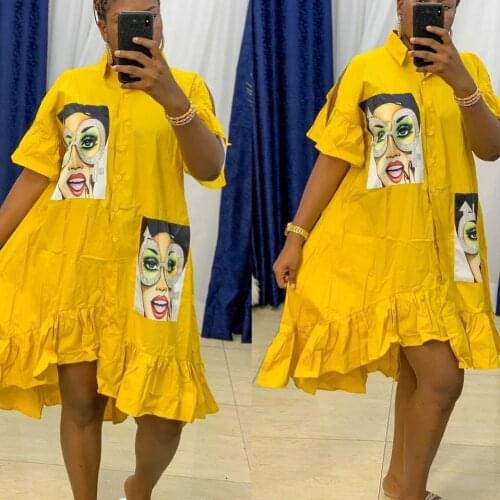 2021 Fashion African Dresses For Women Evening Party Ruffled Casual Loose Shirt Dress Yellow Orange Africaine Clothes