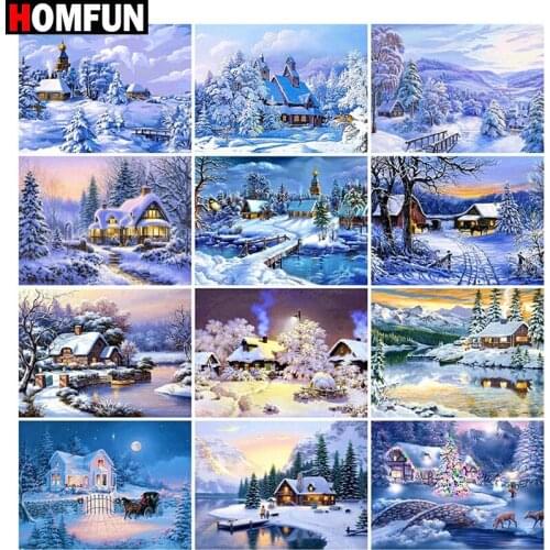 HOMFUN Full Square/Round Drill 5D DIY Diamond Painting "House snow scene" Embroidery Cross Stitch 5D Home Decor Gift