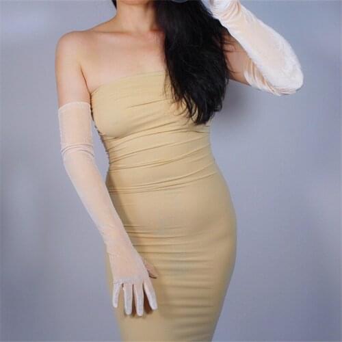 60cm Velour Long Gloves Extra Long Gold Nude Color Female Models High Elastic Swan Velvet Gold Velour Touch Women Gloves WSR12