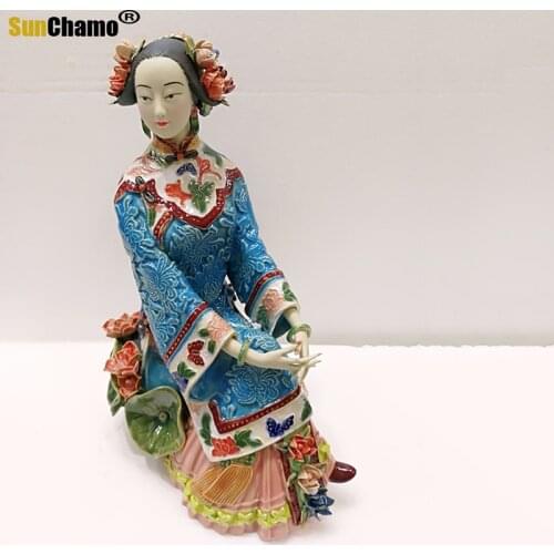 Porcelain Classical Lady Early Lotus Girl Decoration Art Collection Handmade Doll Traditional Ceramic Statue Craft Christmas