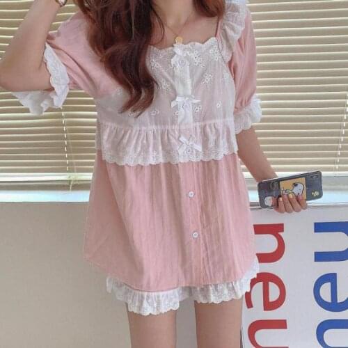 Cotton 2 Piece Set Lovely Summer Pink Blue Pajamas Suit Lace Breasted Cardigans Tops Short Sleeve Shirts Shorts Pants Sleepwear