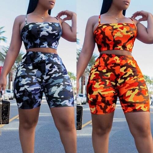 Camouflage Print Casual Two Piece Set Crop Top and Pants Summer Short Tracksuit Women Sexy Bodycon Romper