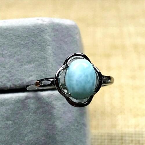 7x5mm Natural Blue Larimar Ring Jewelry For Woman Lady Man Silver Beads Dominica Water Pattern Stone Adjustable Size Ring AAAAA