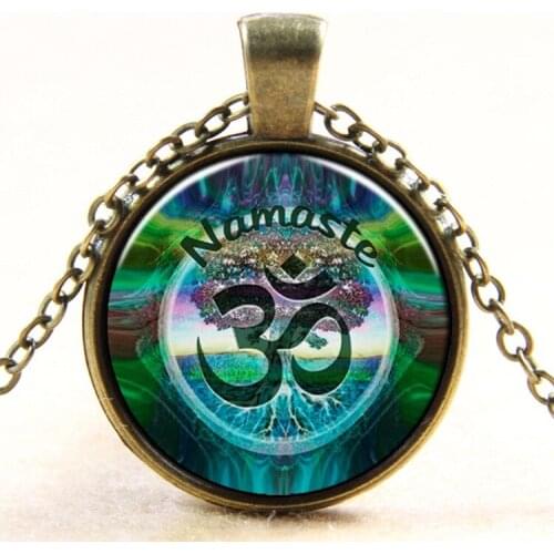 Hot 2017 Ethnic Namaste Necklace Om Yoga Jewelry Lotus Zen Pendant Glass Photo Cabochon Necklace For Womens Mens