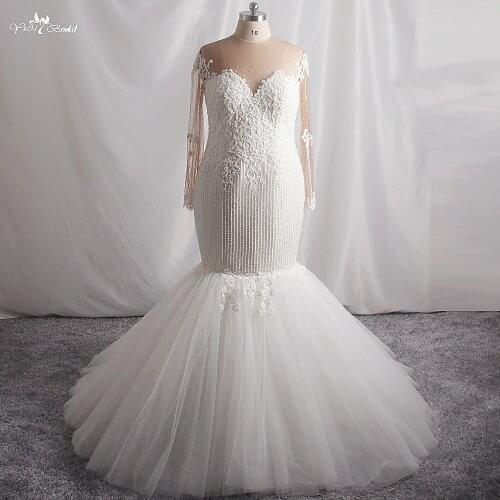 LZ446 Luxury Heavy Beaded Pearls Ivory Wedding Dress O-Neck Long Sleeve Mermaid Dress Plus Size