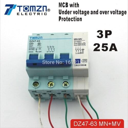 3P 25A MN+MV 400V~ 50HZ/60HZ MN+MV MCB with over voltage and under voltage protection Mini Circuit breaker