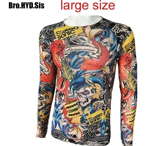 Fashion Mens Fake Tattoo T-shirts Long Sleeve Elastic Modal Thin All Over Print O-Neck Tattoo Shirts Women Halloween Clothing