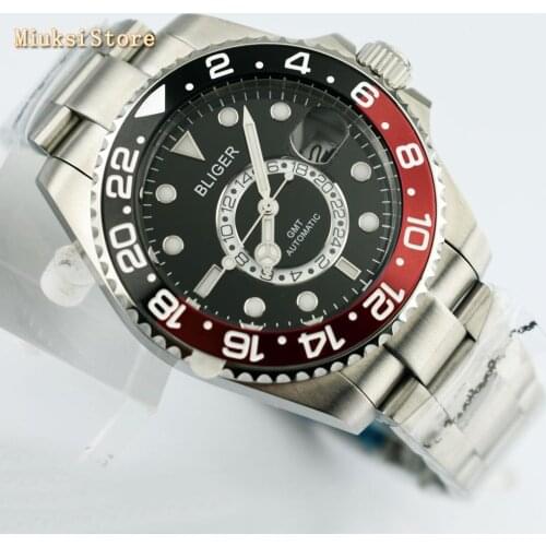 Bliger 43mm Sapphire glass Luminous marks black dial Ceramic Bezel GMT automatic mens top mechanical watch
