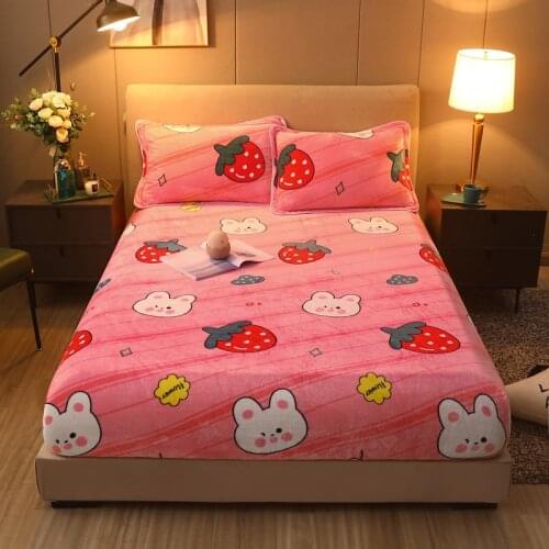 Thick Warm Flannel Bed Mattress Cover Soft Plush Fitted Bed Sheet Bed Cover Elastic Printed Mattress Protector