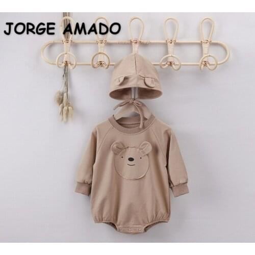 2021 New Autumn Baby Boys Girls Bodysuit Long Sleeves Cartoon Bear Jumpsuit with Hat Newborn Outwear Infant Casual Clothes E2003